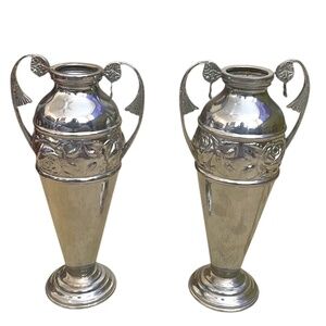 Pair Of  Silver Plated Urn Vase Embossed Relief Ornate Pattern Band And‎ Handles